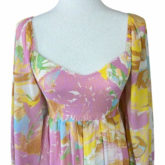 Böhme Smocked Floral Mini Dress Small Pastel Long Sleeve Boho Tiered - Picture 2 of 6